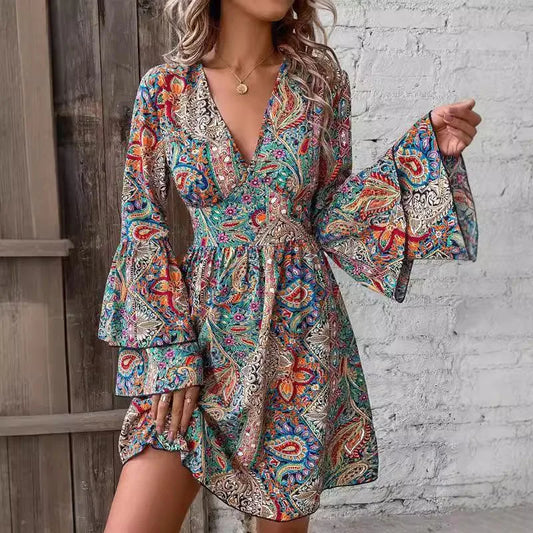 Bohemian Elegant Women's Dress. Short Print Flare Sleeve w/  Sexy Beach Vacation Style V-neck Vacation Dress