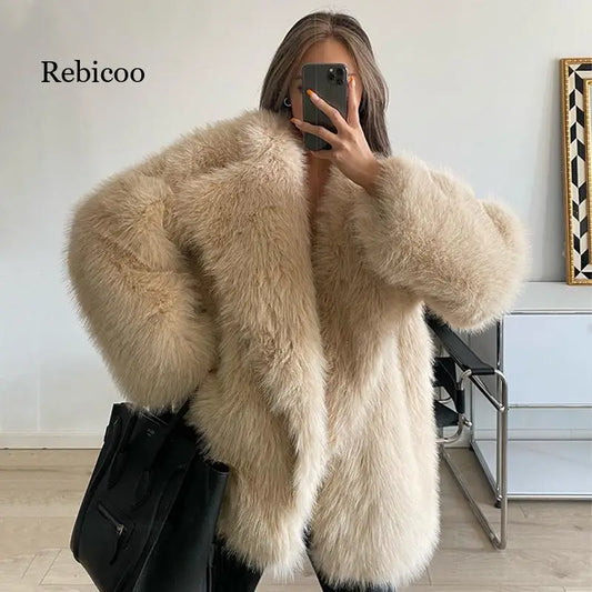 Embrace the season with this stylish faux fur coat. Made from soft artificial fur, this medium-length jacket offers a loose, comfortable fit  with a chic design.