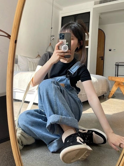 Vintage Baggy Jean Jumpsuits Women High Waist Denim Overalls Korean Style Loose Wide Leg Trousers Female