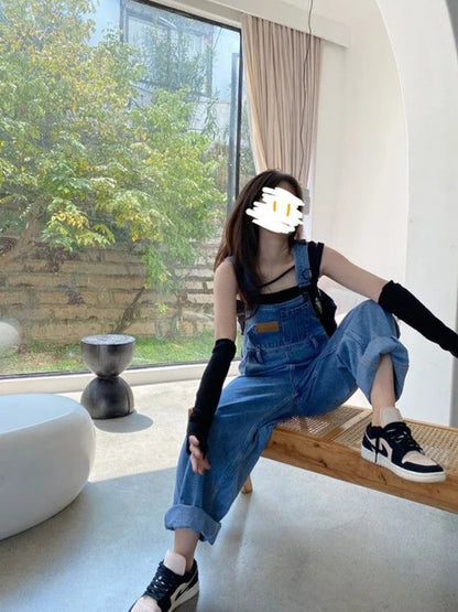 Vintage Baggy Jean Jumpsuits Women High Waist Denim Overalls Korean Style Loose Wide Leg Trousers Female