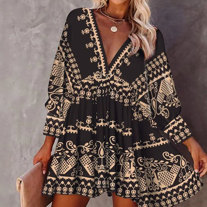 Boho Dress V Neck Autumn Sexy Loose Long Lantern Sleeve Swing Party Evening High Waist Mini Dress Women A-line dress black dress